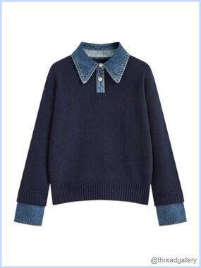 Oversized Knit Sweater with Denim Polo Collar